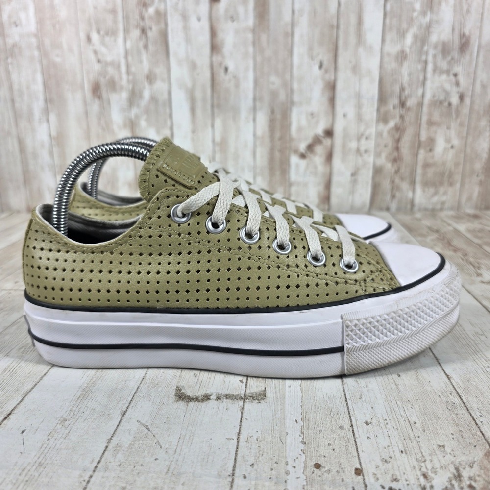 Converse Olive Green leather Perforated Low Top Sneakers